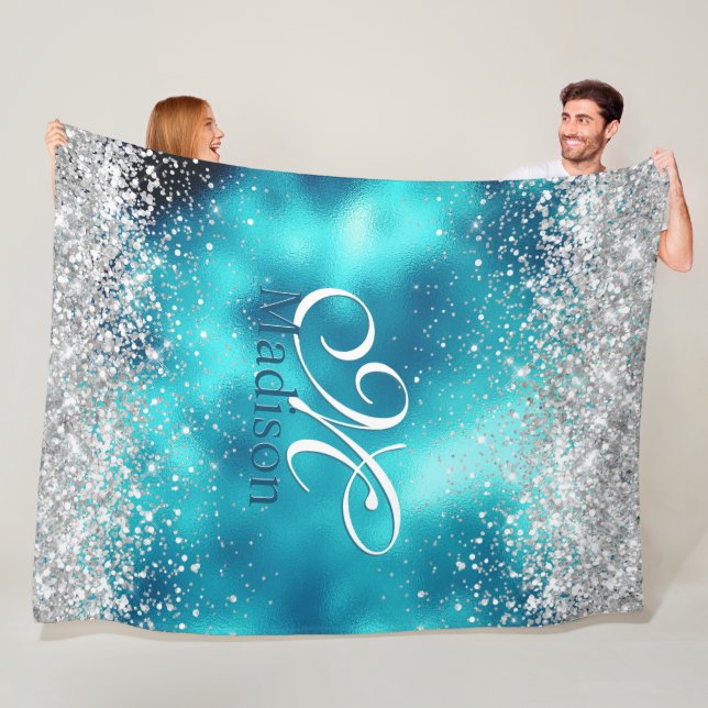 Couverture Polaire Joli turquoise argent faux parties scintillant mon (En situation)