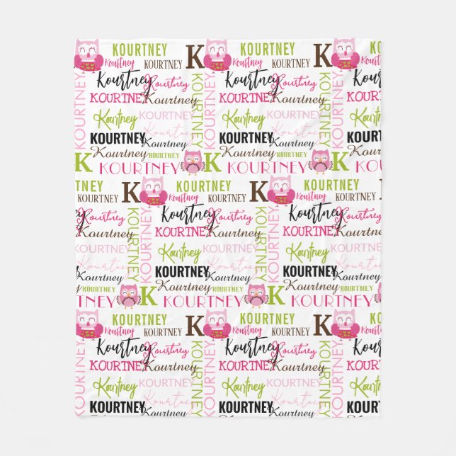 Couverture Polaire Jolie Chouette rose avec nom et collage Monogramme (Devant)