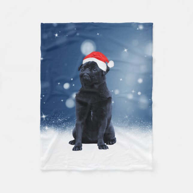 Couverture Polaire Jote Chien Carlin noir Noël Santa Hat Étoiles de n (Devant)