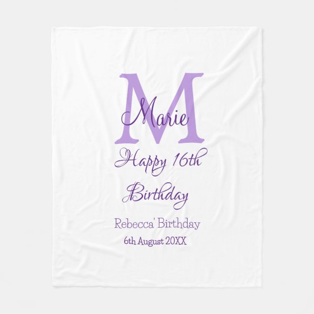 Couverture Polaire Joyeux 16e anniversaire violet ajouter nom monogra (Devant)