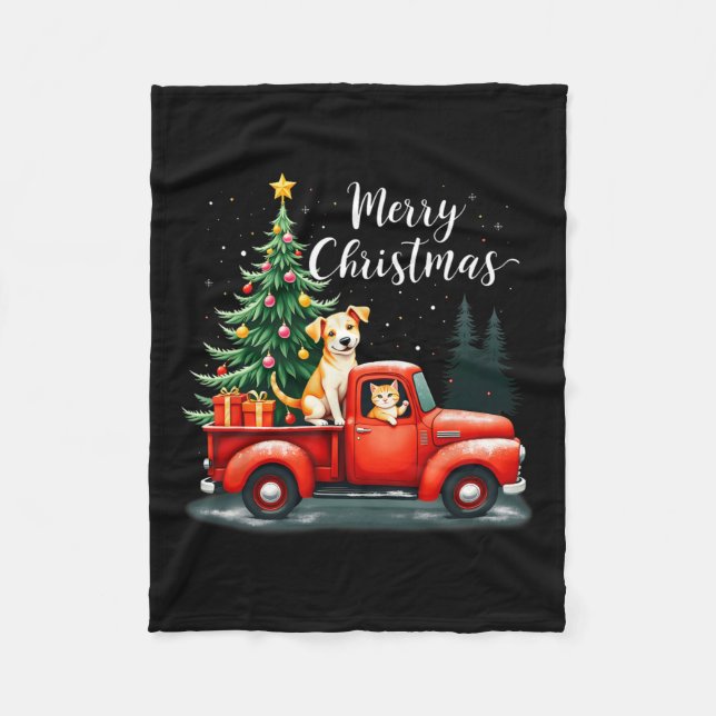 Couverture Polaire Joyeux Camion Rouge Noël Avec Chien &amp; Chat Noë (Devant)