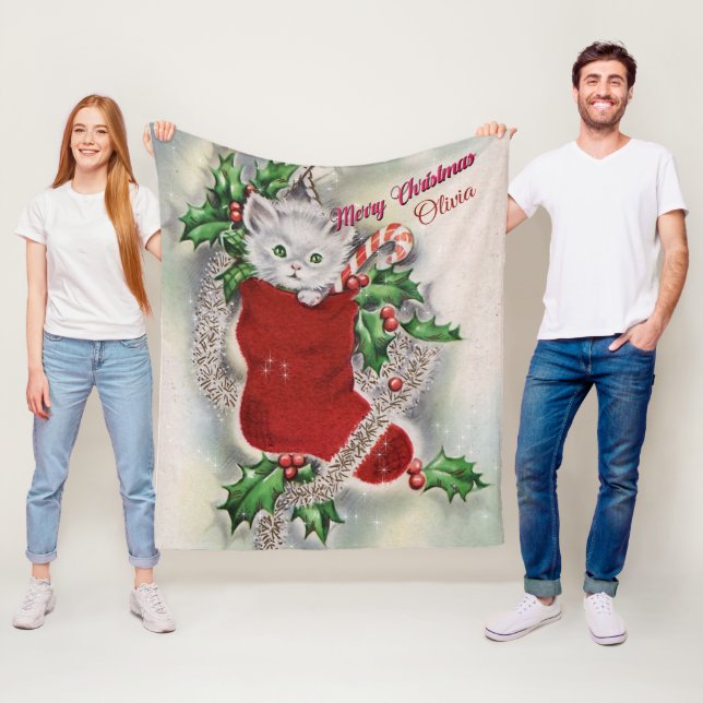 Couverture Polaire Joyeux Noël Kitten Sucre de canne rouge Stocking (En situation)