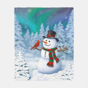 Couverture Polaire Joyeux Noël Snowman & Birds Winter Scene