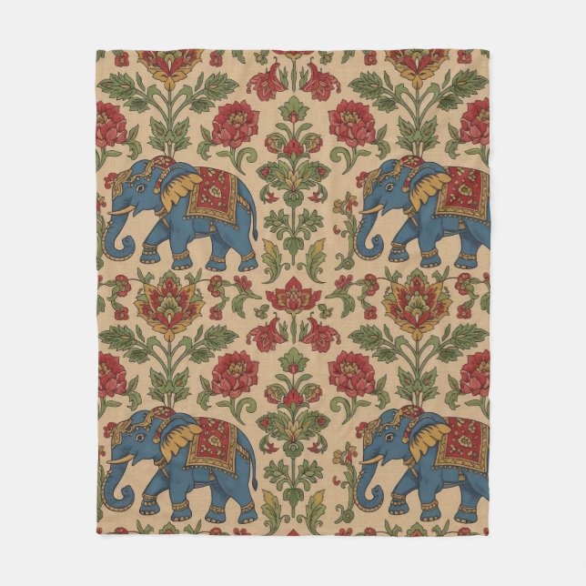 Couverture Polaire Kalamkari Floral Elephant – Traditional Indian Fol (Devant)