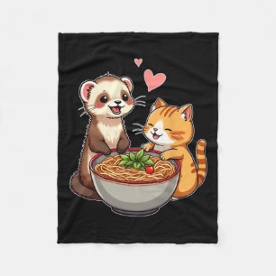 Couverture Polaire Kawaii Ferret Et Chat Manger Ramen Cute Japonaise