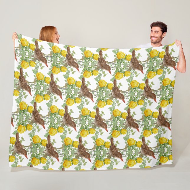 Couverture Polaire Kingfisher Bird et Roses Jaunes Blanc (En situation)