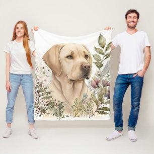 Couverture Polaire Labrador Retriever Golden à l'aquarelle et fleurs