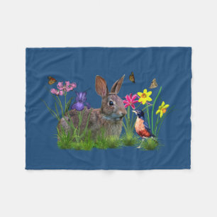 Couverture Polaire Lapin, Robin, et fleurs, personnalisables