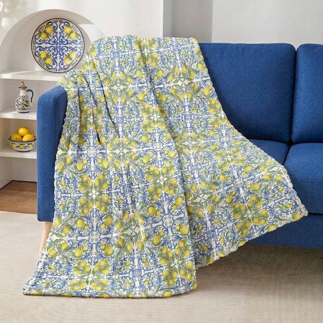 Couverture Polaire Lemon Citrus Blue Mediterranean Tile Pattern (Lemon Citrus Blue Mediterranean Tile Pattern Fleece Blanket )