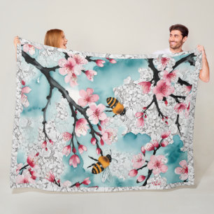 Couverture Polaire Les abeilles et les fleurs de cerises roses Dentel