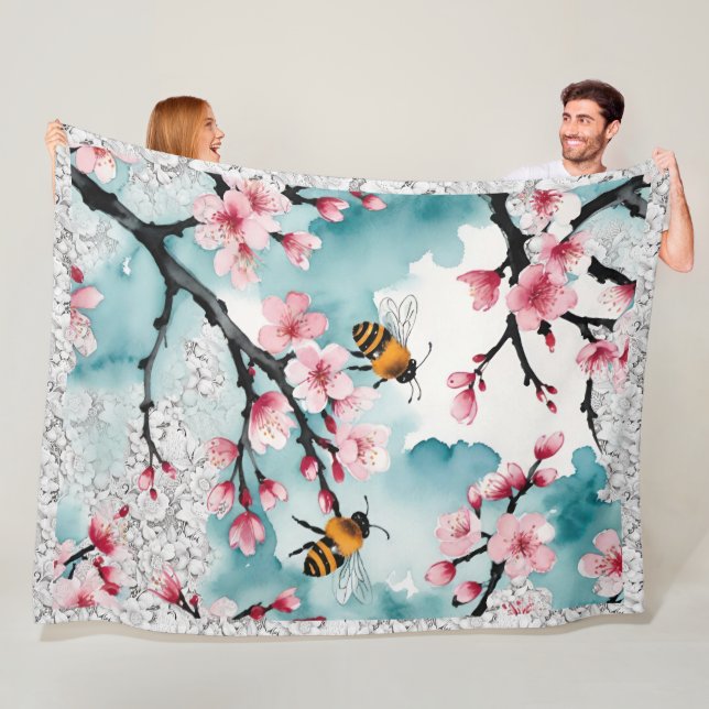 Couverture Polaire Les abeilles et les fleurs de cerises roses Dentel (En situation)
