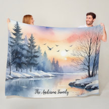 Lever de soleil aquarelle Oiseaux Lac Hiver Person