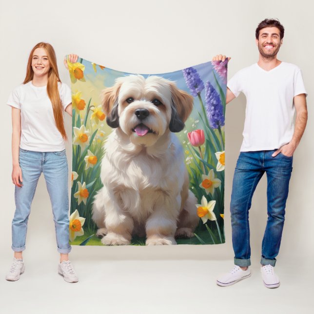 Couverture Polaire Lhassa Apso Dog Fleurs de printemps Peinture (En situation)