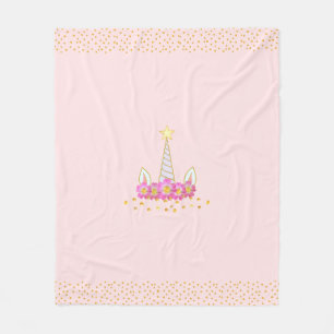 Couverture Polaire Licorne, fleurs et confettis dorés sur fond rose c