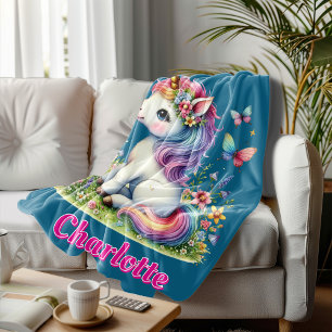 Couverture Polaire Licorne pailletée bleue fleurs sauvages de prairie