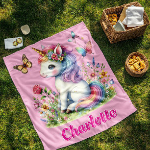 Couverture Polaire Licorne pailletée rose prairie fleurs sauvages