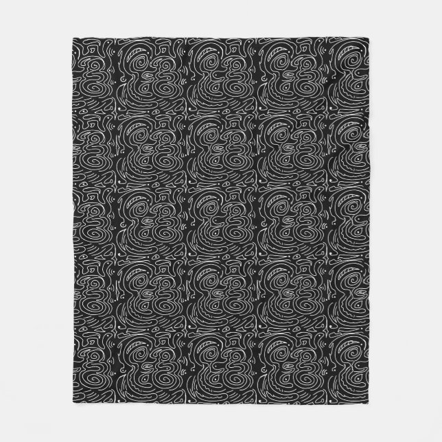 Couverture Polaire Lignes tourbillonnant blanches en noir (Devant)