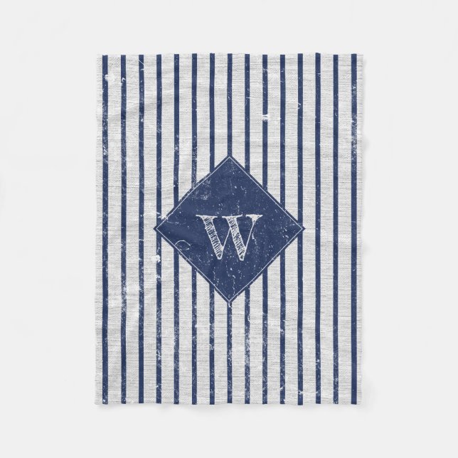 Couverture Polaire Lin gris rustique et rayures bleu marine Monogramm (Devant)