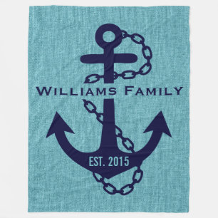 Couverture Polaire Linge bleu vert avec Ancre Mariage bleu rustique