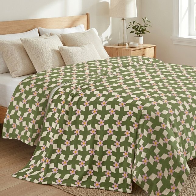 Couverture Polaire Linge de lit floral géométrique vert sauge et rose (Créateur téléchargé)