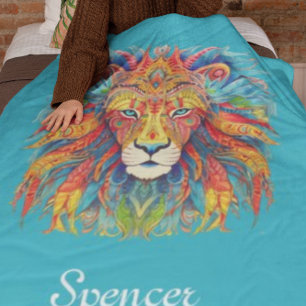 Couverture Polaire Lion tribal majestueux avec nom personnalisé