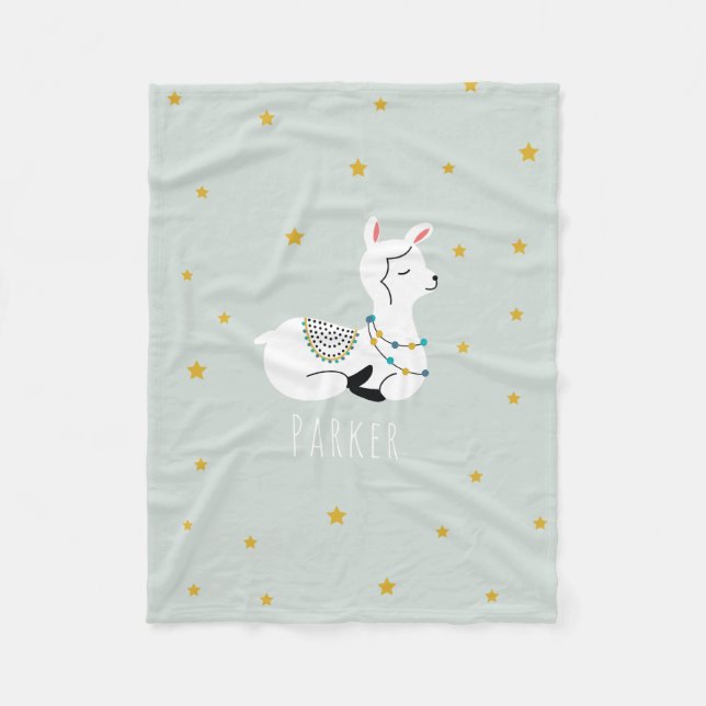 Couverture Polaire Llama Yellow Stars Bleu Toison Blanche (Devant)