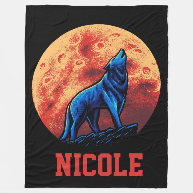 Couverture Polaire Loup hurlant avec lune de sang (Devant)