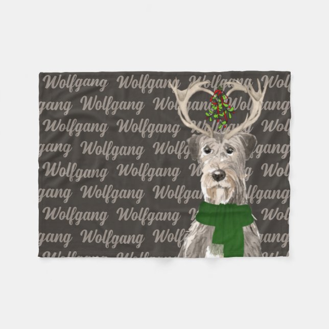 Couverture Polaire Loup irlandais de Noël avec le nom du chien (Devant (Horizontal))