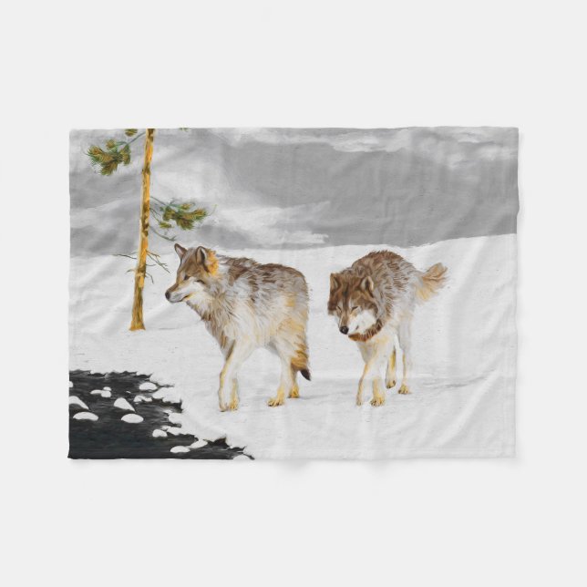 Couverture Polaire Loups en peinture sur neige - Art original de la f (Devant (Horizontal))