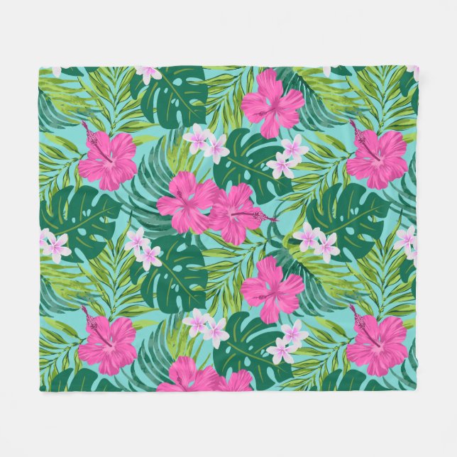 Couverture Polaire Luna Hibiscus Garden Hawaiian - Rose et Turq (Devant (Horizontal))