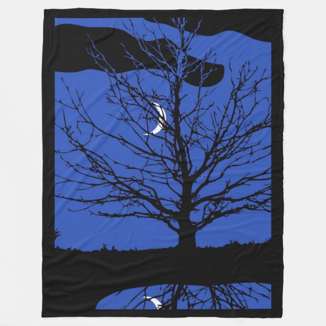 Couverture Polaire Lune avec arbre, Bleu Cobalt, Noir et Blanc (Devant)