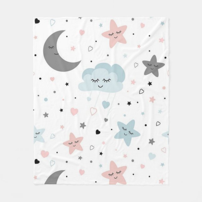 Couverture Polaire lune, étoiles, coeurs, nuages, enfants, (Devant)