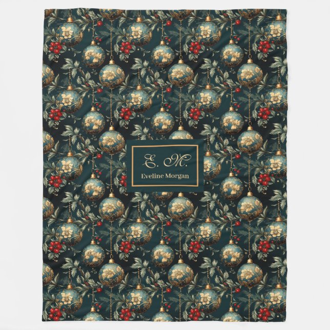 Couverture Polaire Lux red and green baubles personalized holiday (Devant)