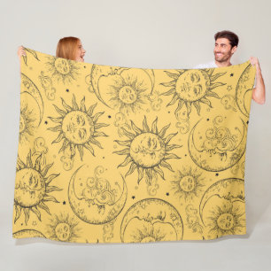 Couverture Polaire Magie Jaune Vintage Céleste Soleil Lune Étoiles