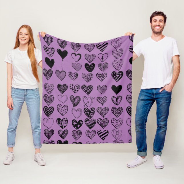 Couverture Polaire Magnifique Black Heart Scribble Dessin Fleece Blan (En situation)