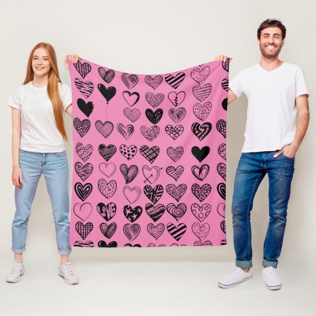 Couverture Polaire Magnifique Black Heart Scribble Dessin Fleece Blan (En situation)