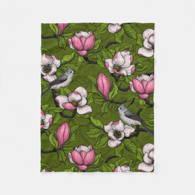 Couverture Polaire Magnolia en floraison et oiseau de tireur 2 (Devant)