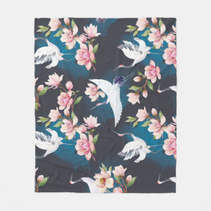 Couverture Polaire Magnolia Grue Rouge : Aquarelle Japonaise.