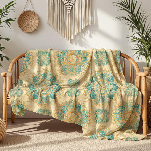 Couverture Polaire Mandala Bohème Turquoise et Sable Beige