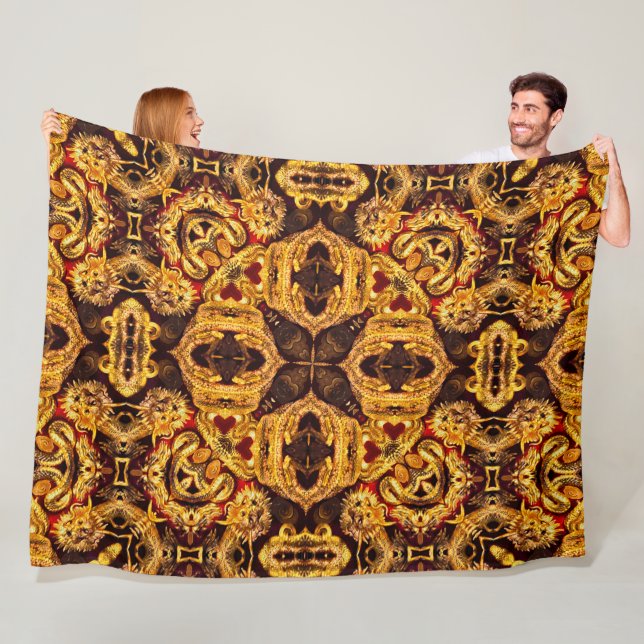 Couverture Polaire Mandala chinois antique d'empereur de dragon d'or (En situation)