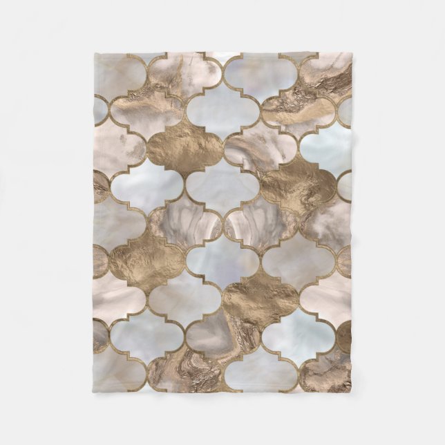 Couverture Polaire Marbre blanc de treillis marocain et or (Devant)