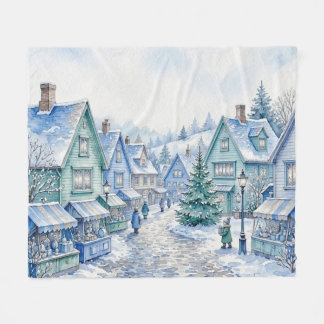 Couverture Polaire Marché de village de Noël bleu vert aquarelle