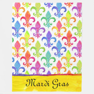 Couverture Polaire Mardi Gras Arc-en-ciel Aquarelle Fleur de lis Moti
