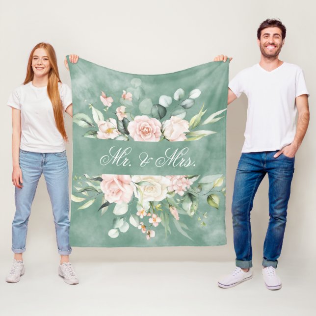 Couverture Polaire Mariage Élégant Floral Aquarelle Verte M. & Mme. (En situation)