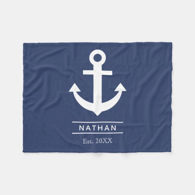 Couverture Polaire Marine Ancre Bleu Washed Nom du monogramme personn (Devant (Horizontal))