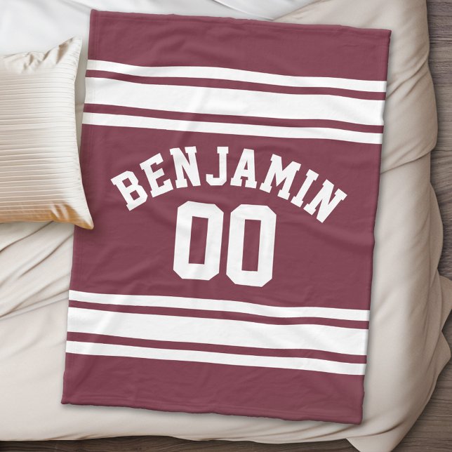 Couverture Polaire Maroon and White Jersey Stripes Nom personnalisé N (Personalized fleece blanket - Sports Theme)