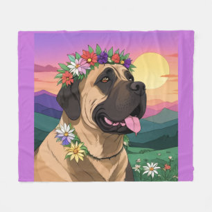 Couverture Polaire Mastiff dogue anglais avec couronne de fleurs fête