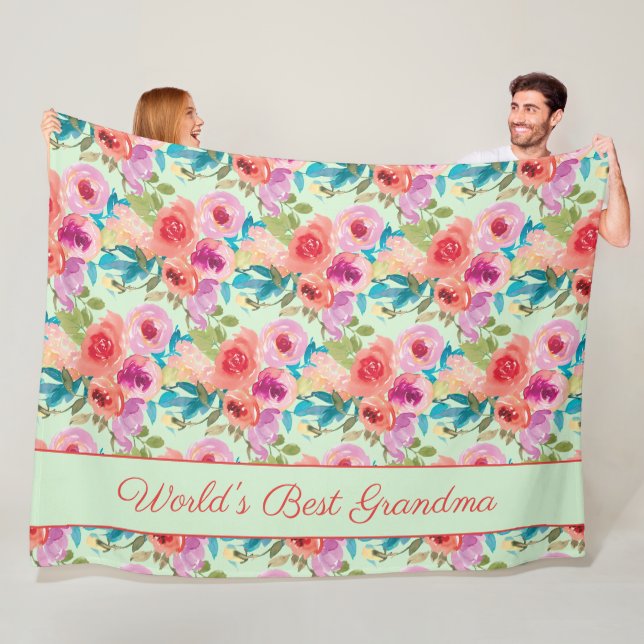 Couverture Polaire Meilleur Monde Grandma Rose Purple Fleurs Mint Ver (En situation)