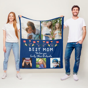 Couverture Polaire Meilleure maman Fleurs 5 Photo Collage Navy Blue