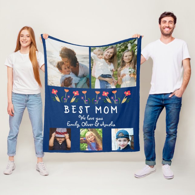 Couverture Polaire Meilleure maman Fleurs 5 Photo Collage Navy Blue (En situation)